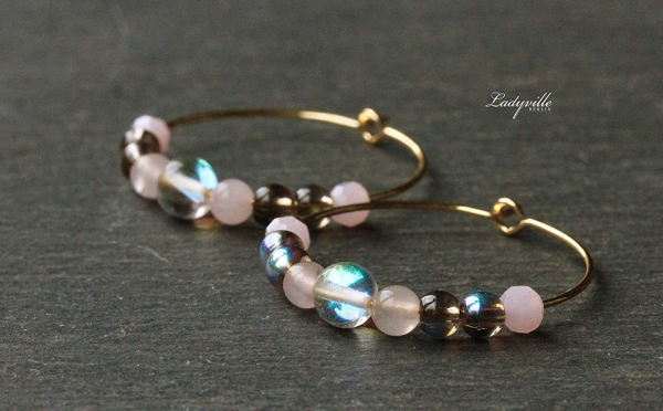 Perlen Creole Rosenquarz vergoldet / Geschenk für Sie / Edelstein Ohrringe / besonderes Geschenk / Party Creolen / Boho Ohrringe / statement